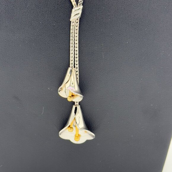 Vintage Avon Silver Tone Lariat Tassel Necklace Lily Flower - Picture 5 of 11